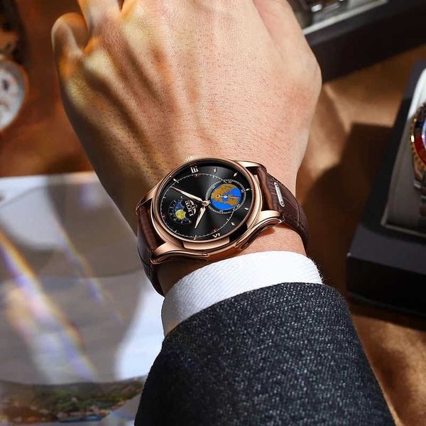 

2022 new fashion mens watches brand luxury moon phase men quartz wristwatches male clock leather waterproof sport watch, Slivery;brown