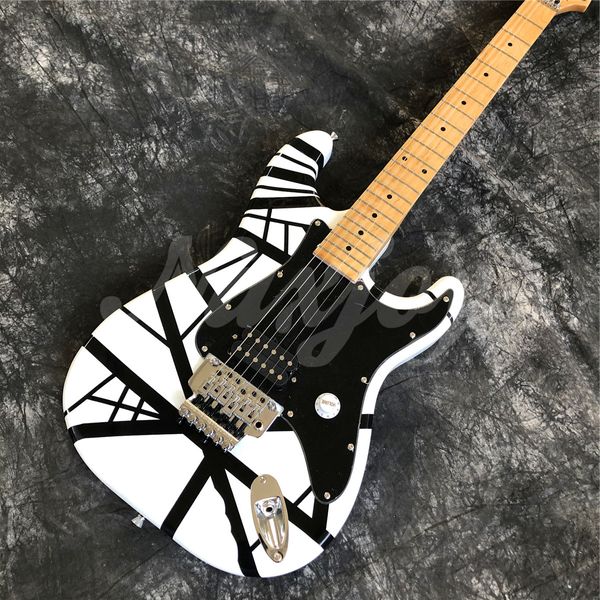 Hochwertige E-Gitarre mit weißen und schwarzen Streifen, 6 Saiten, Massivholzgitarre, Musikinstrumente