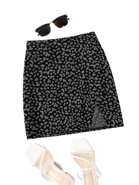 

ditsy floral print split hem skirt s5dg#, Black