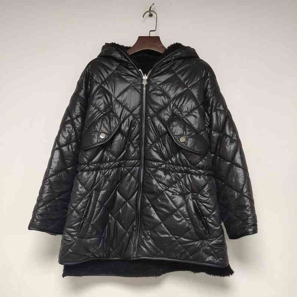 

women's jackets autumn and winter black loose hooded double-sided coat lamb wool four pocket waist closing, Black;brown