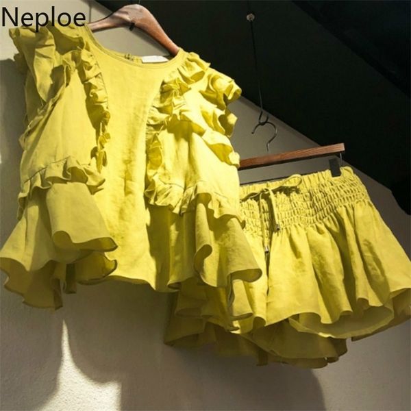 

neploe 2 piece sets womens outfits summer korean fungus sleeveless t shirts stretch waist short skirts fashion suits 44079 t200603, White