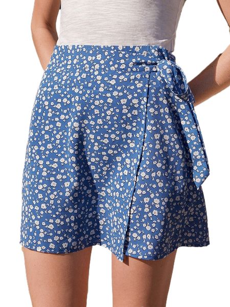 

wrap tie side ditsy floral skirt e2bq#, Black