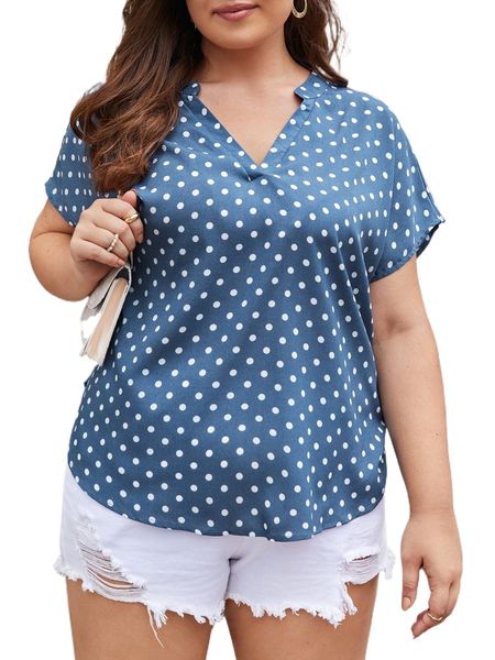 

plus polka dot print notched neck blouse t4xp#, Black