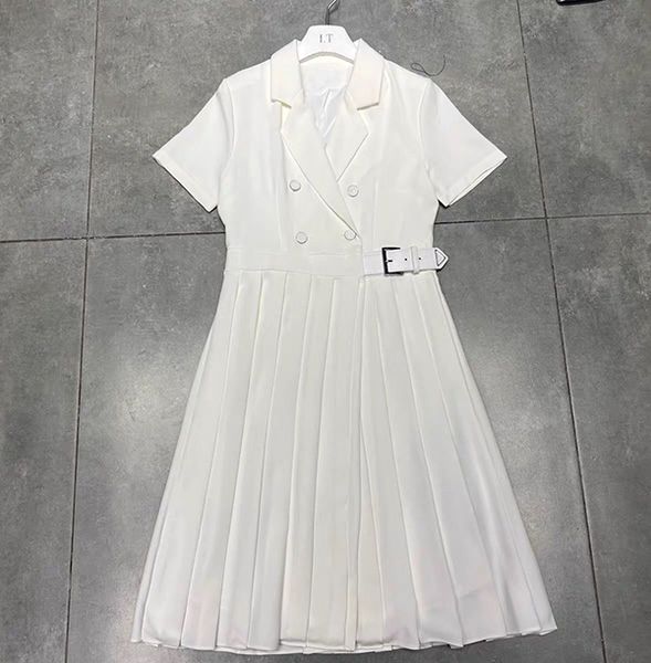 

2022 women summer short sleeve high waist pleated midi dresses office ladies elegant solid notched v neck blazer dress, Black;gray