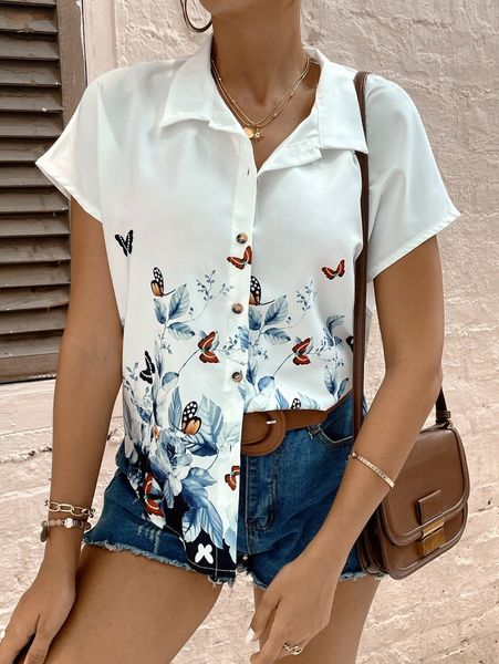 

butterfly & floral print batwing sleeve shirt i5md#, White