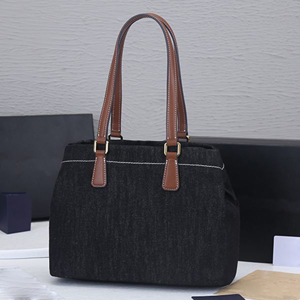 

superior quality large capacity denim shopping bags beach canvas tote bags letter triangle handbag shoulder bag black two-tone cowhide handb