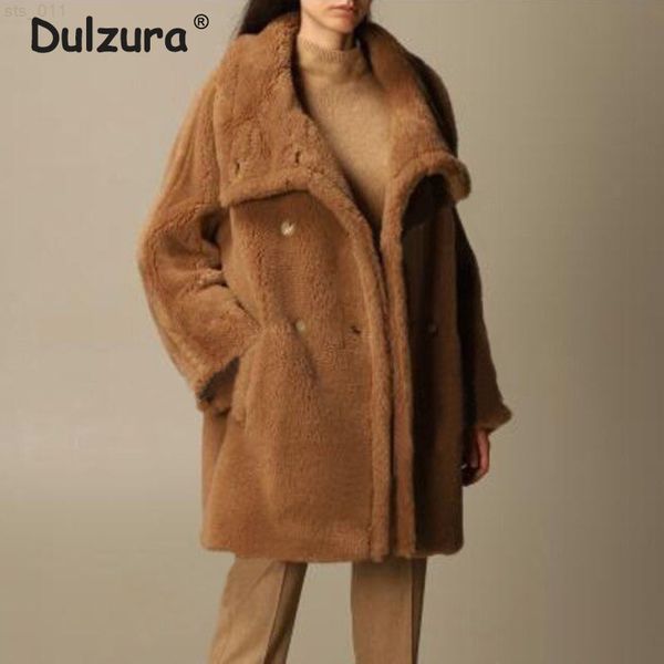 Marka Tasarımı Büyük Yaka Oyuncak Ayı Ceket Kadın Kış 2021 Kalın Sıcak Kürk Matar Büyük Boy Paltolar Bayanlar Chic Street Outerwear T220716