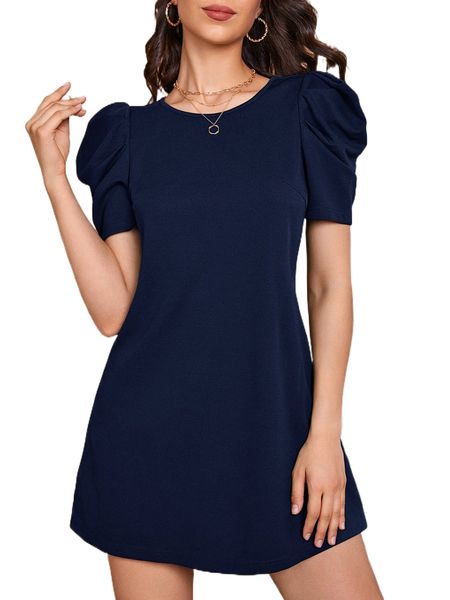 

puff sleeve solid dress n63d#, Black;gray