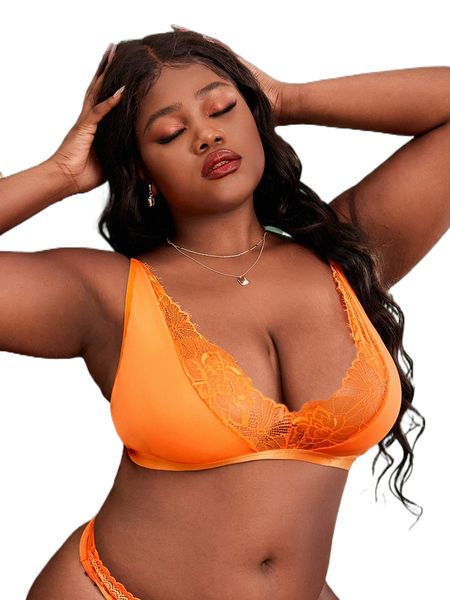 

plus lace panel bralette v98e#, Black;white