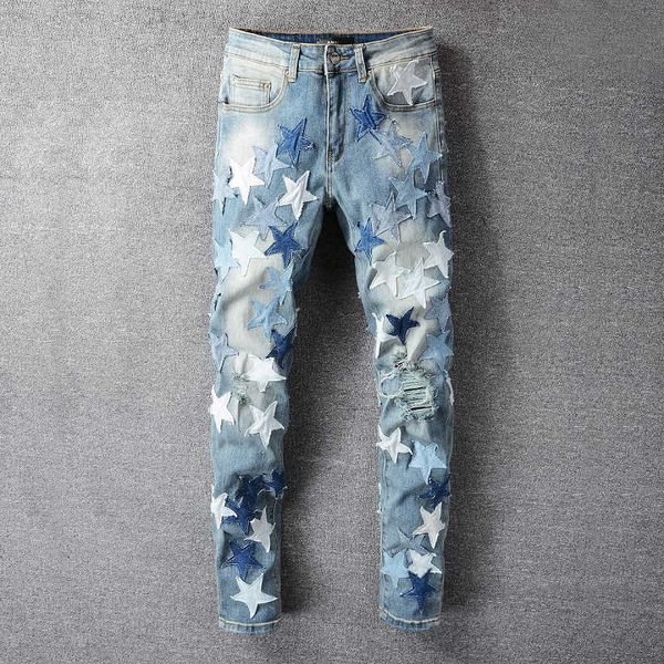 

america high street fashion men jeans graphic blue star hole stacked jean sewing motorcycle feet flaps