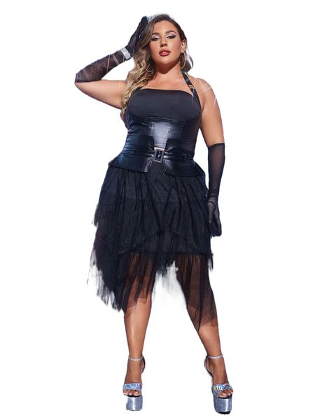 

plus contrast pu asymmetrical hem mesh skirt q0lv#, Black