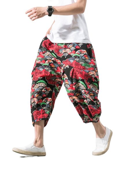 

men random fan print drop crotch pants z6wg#, Black