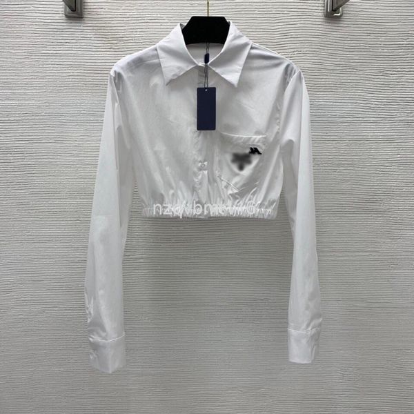 

women's blouses & shirts chest pocket letter flocking technology elastic waist design long sleeve short shirt, White