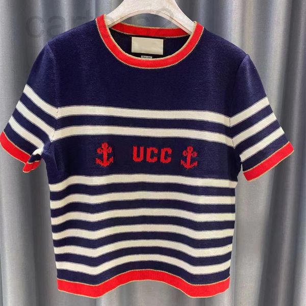 

women's knits & tees designer straight 2022 spring and summer new xin line edge interchrome stripe knitted round neck short sleeve wome, White