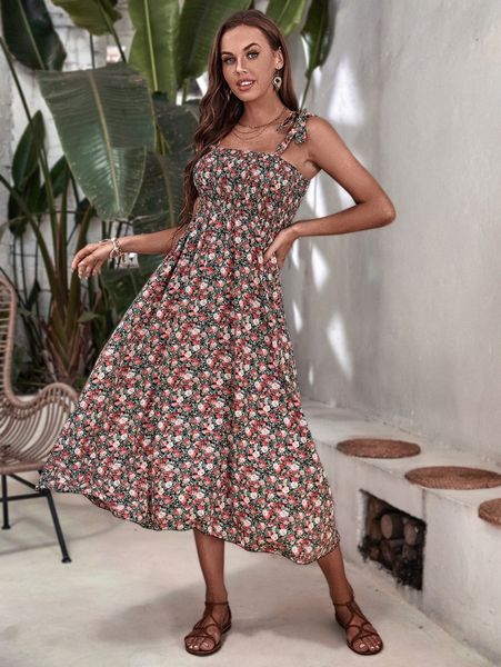 

allover floral print tie shoulder shirred cami dress o4zs#, Black;gray