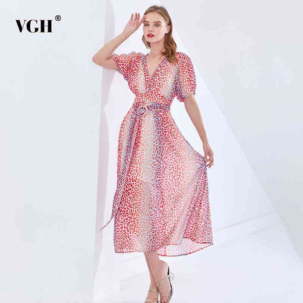 

hit color leopard dress for women v neck puff short sleeve high waist sashes slim plus size elegant midi dresses female 210507, Black;gray