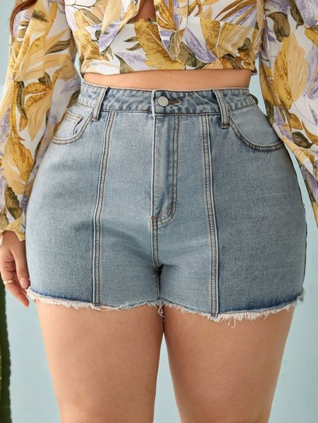 

plus washed raw hem denim shorts p8rl#, White;black