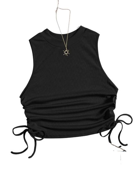 

plus rib knit drawstring ruched tank i2us#, Black