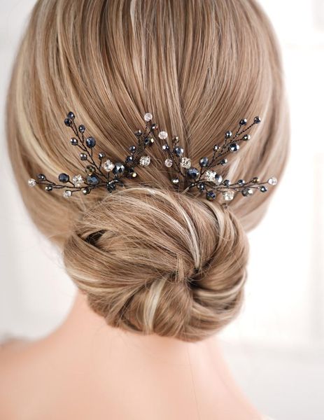 Copricapo 2 pezzi di strass neri Piccola semplice sposa perni per capelli da sposa Accessori da sposa in argento per le donne Copricapo