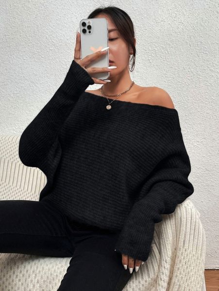 

off shoulder batwing sleeve sweater p3cd#, White;black