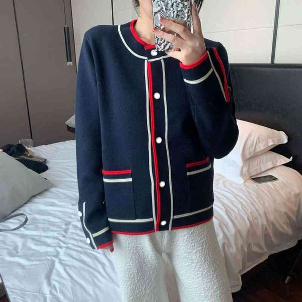 

autumn department knitted cardigan sweater women's color contrast stripe college style slim fit and versatile coat, White;black