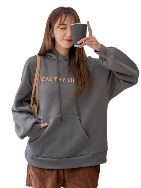 

dazy slogan graphic kangaroo pocket drop shoulder drawstring hoodie 36th#, Black