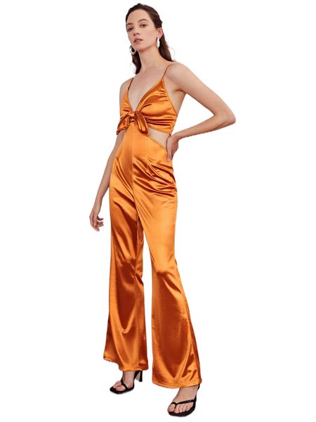 

cutout detail knot front flare leg satin slip jumpsuit s2mw#, Black;white