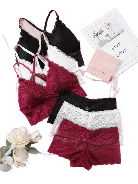 

3sets floral lace lingerie set r69q#, Black;red