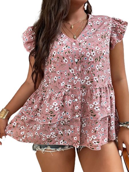 

plus ditsy floral print butterfly sleeve tiered layer peplum blouse n2ap#, Black