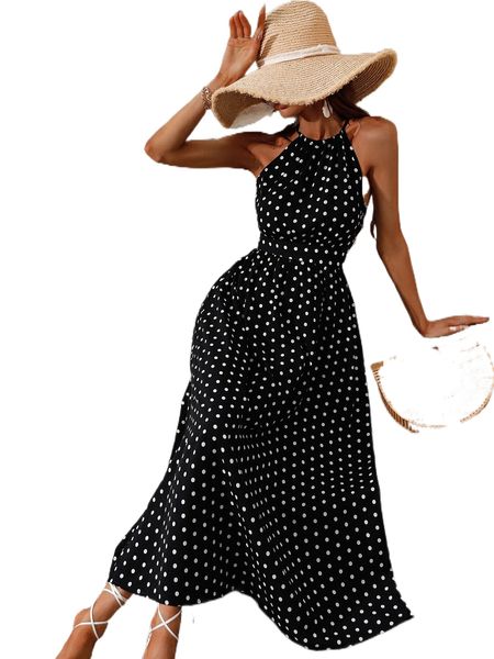 

polka dot tie back halter neck dress g2lr#, Black;gray
