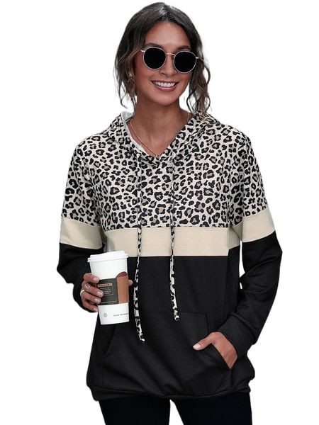 

kangaroo pocket leopard print color block hoodie 25x1#, Black