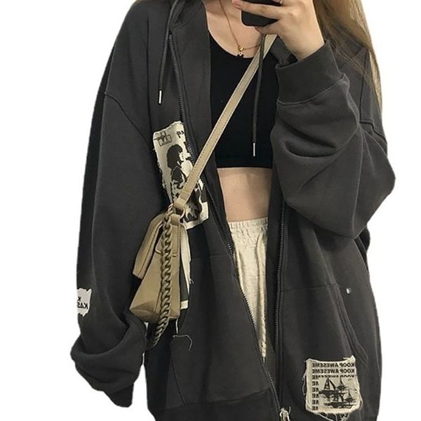 

zip up hoodie women sweatshirt oversized hoodies spring jacket retro coat goth harajuku y2k aesthetic clothes grunge punk 220816, Black