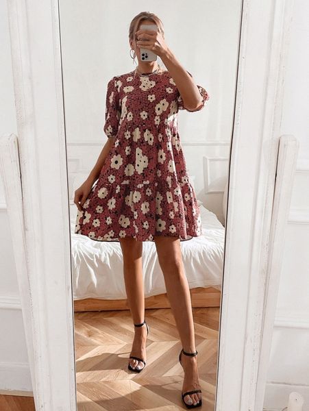 

floral print smock dress h260#, Black;gray