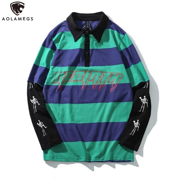 

aolamegs sweatshirt men fake 2 pieces men turn-down collar striped print pullover college style harajuku high street sweatshirt 201201, Black