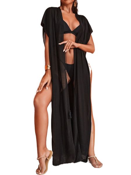 

batwing sleeve tassel tie front kimono h5pf#, White;black