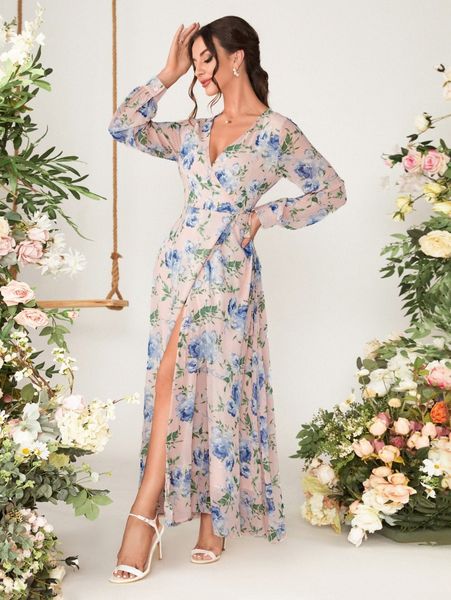 

floral print knot side wrap chiffon dress m2y6#, Black;gray