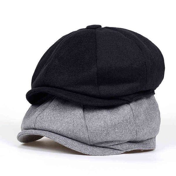 

2019 new beret men women wool tweed hats newspaper seller caps gatsby octagonal cap wool vintage british hat j220722, Blue;gray