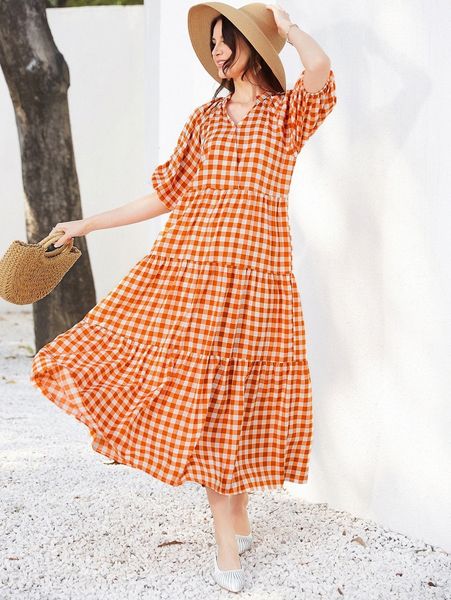 

gingham lantern sleeve ruffle hem smock dress without belt z91b#, Black;gray