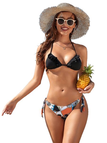 

ruffle trim patchwork print knot side bikini swimsuit h3jt#, White;black