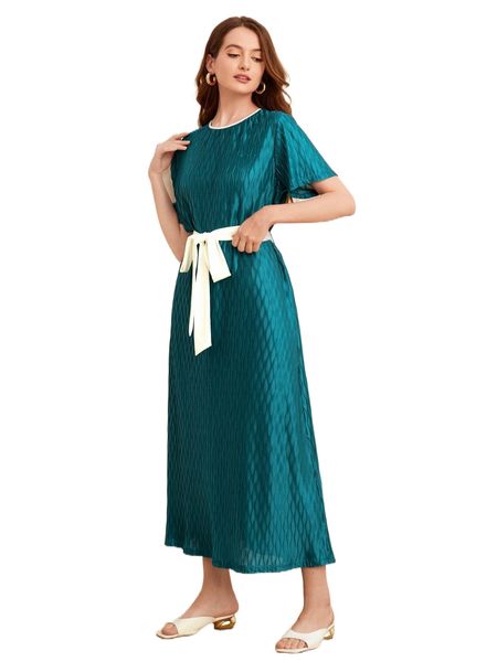 

contrast trim belted dress 18rp#, Black;gray