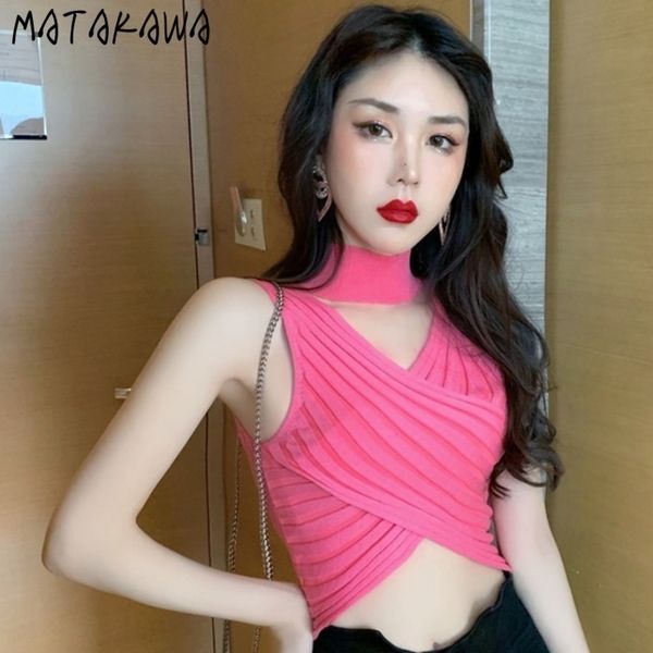 

tightfitting crosssleeveless tank women vneck halter knitting camis crop summer slim short womens clothing 210506, White