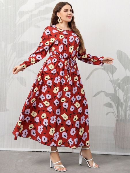 

plus floral print drop shoulder knot front dress i3ml#, Black