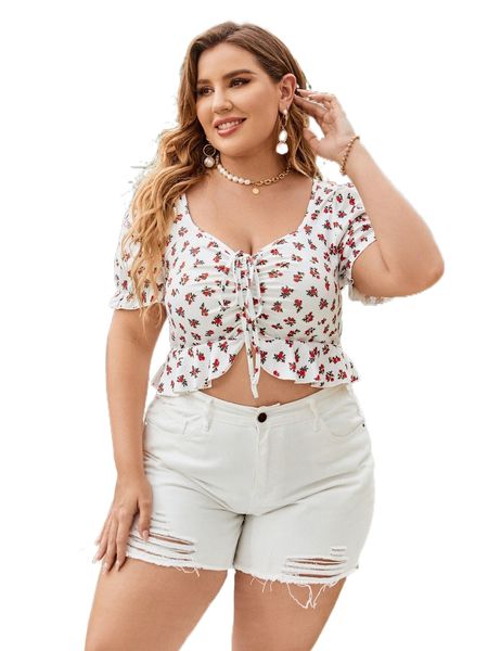 

plus ditsy floral print flounce sleeve drawstring peplum crop tee r81s#, Black