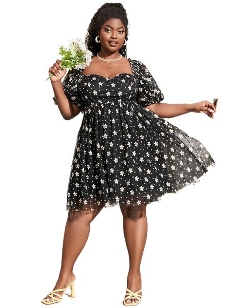 

plus floral print sweetheart neck puff sleeve mesh dress q38h#, Black