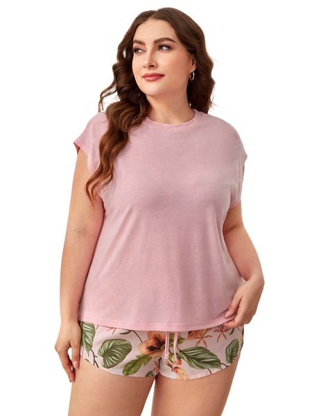 

plus solid & tropical print knot front shorts pajama set h5l2#, Black;white