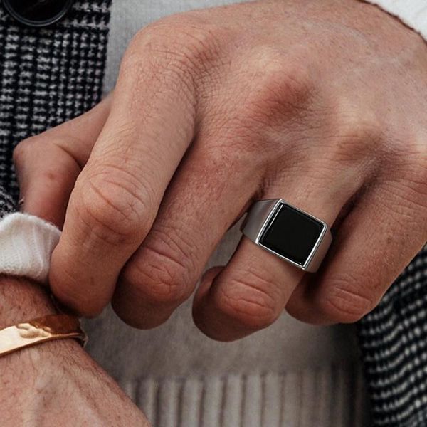 

cluster rings ring for men, stainless steel square signet black enamel men's pinky rings, Golden;silver