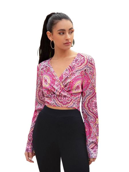 

floral surplice neck crop blouse l0oa#, White
