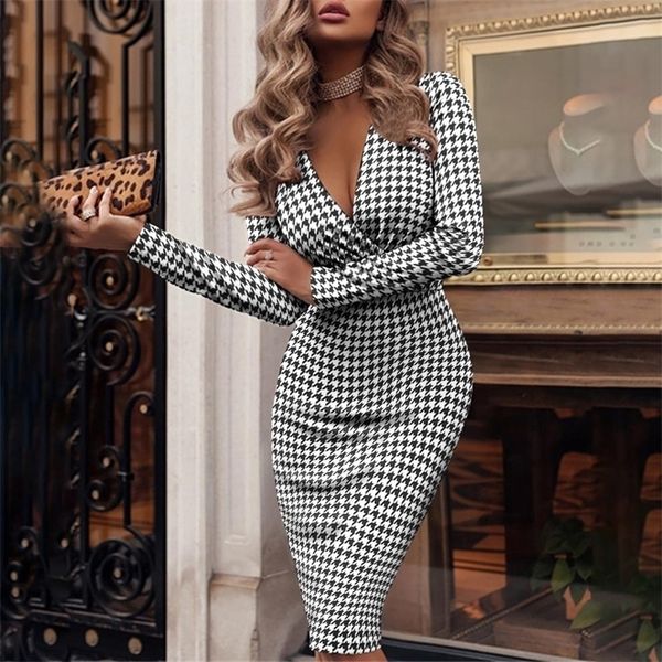 Sonbahar Uzun Kollu Bodycon Zarif Ofis Lady Elbise Moda Houndstooth Baskı Kadınlar Için Seksi V Yaka Ince Kalem Elbiseleri 220402