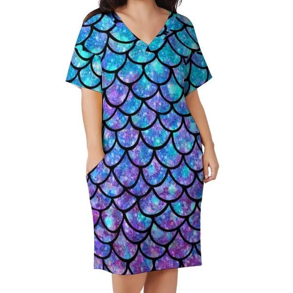 Vestidos de tamanho grande sereia escalas vestido casual verão azul roxo resumo abstrato kawaii v pesco