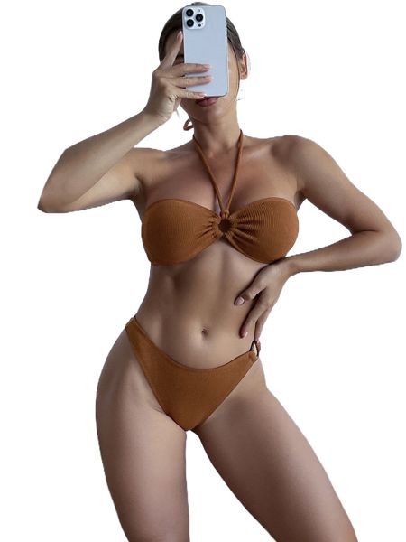

rib ring linked halter bikini swimsuit k1l2#, White;black